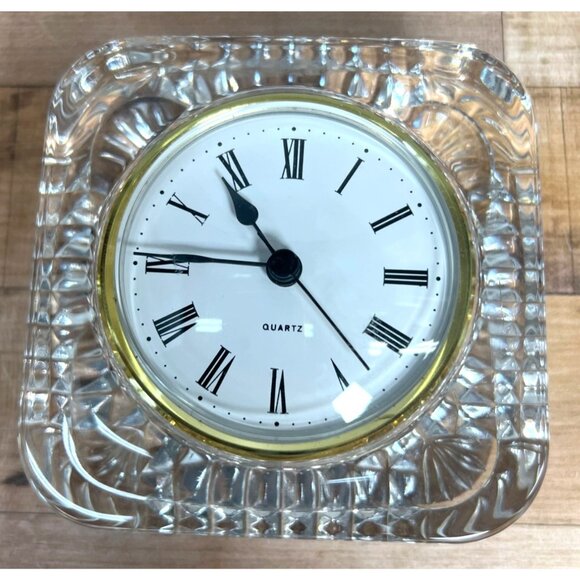 Vintage Quartz Lead Crystal Desk Clock With Roman Numerals & Gold Trim Heavy - Picture 4 of 4